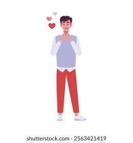 Man is making a heart shape with her hands. The theme is Valentine's Day, love and infatuation. Vector illustration in a flat style