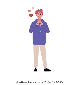 Man is making a heart shape with her hands. The theme is Valentine's Day, love and infatuation. Vector illustration in a flat style