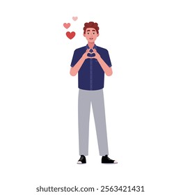 Man is making a heart shape with her hands. The theme is Valentine's Day, love and infatuation. Vector illustration in a flat style