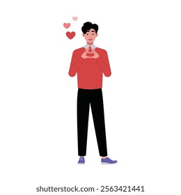 Man is making a heart shape with her hands. The theme is Valentine's Day, love and infatuation. Vector illustration in a flat style