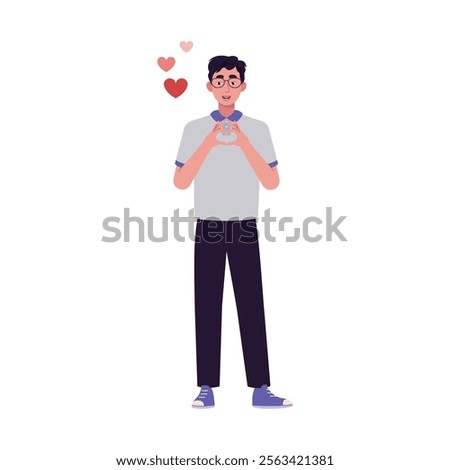Man is making a heart shape with her hands. The theme is Valentine's Day, love and infatuation. Vector illustration in a flat style