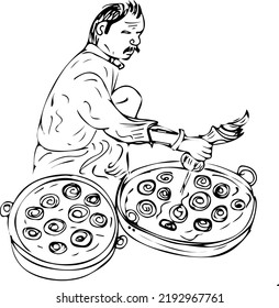 Man making indian sweets calling Jalebi cartoon drawing, Indian worker making indian causin Jalabi line art vector illustration, Indian sweet jalabi making sketch drawing silhouette