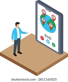 Man making international call on giant smartphone isometric illustration