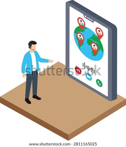 Man making international call on giant smartphone isometric illustration