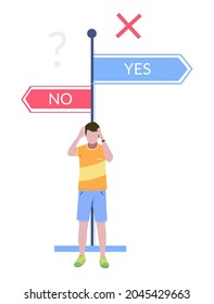Man making life choice standing in front of yes and no direction road signs, flat vector illustration. Life changing decision.