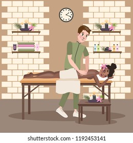 Man making massage for a young pretty woman. Spa procedure in beauty salon interior. Back treatment and relaxation. Vector flat illustration