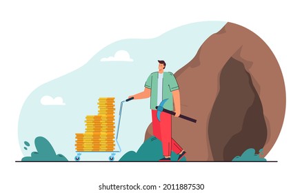 Man making money flat vector illustration. Modern young man coming out of cave, holding pick and cart with gold coins in his hands. Earning, hunting for gold, money, wealth, mining concept for design