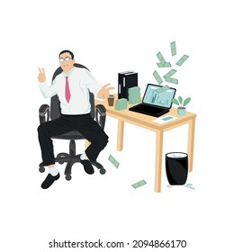 A man making money on the Internet, on the stock exchange. Shows the gesture of the winner. The concept is in a flat style. Vector.