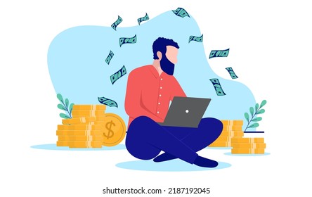 Man Making Money Sitting On Floor With Computer Laptop Working Online, Casual Clothes And Beard. Flat Design Vector Illustration With White Background