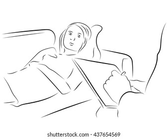 a man making notes on the tablet, next to him on the couch woman lying and looking at the man. The illustration on the theme of the patient visits a doctor consultation psychiatrist