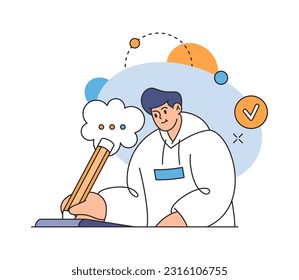 Man making notices by pencil in notebook, flat cartoon vector illustration. Student studying and writing down new ideas and investigations, giant human with pen