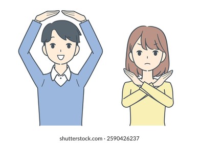 A man making an OK gesture while a woman signals No with crossed arms, representing agreement and disagreement.