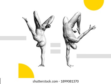 Man making one arm handstand. Gymnast. 3D vector illustration for fitness studio, dance class, yoga or aerobics training.