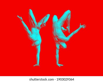 Man making one arm handstand. Gymnast. 3D vector illustration for fitness studio, dance class, yoga or aerobics training.