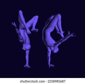 Man making one arm handstand. Gymnast. 3D vector illustration for fitness studio, dance class, yoga or aerobics training.