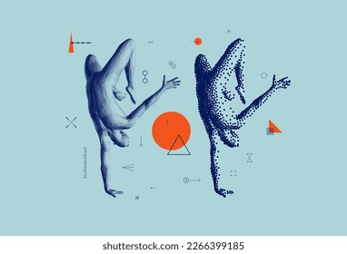 Hombre haciendo una mano de un brazo. Gimnasta. Ilustración vectorial 3D para el estudio de fitness, clases de baile, yoga o aeróbic.