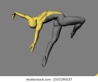 Man making one arm handstand. Gymnast. Sports symbol for dance class. Stipple style human model with the effect of colour division of the body into two parts black and gold. 3D vector for design.