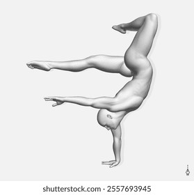 Man making one arm handstand. Gymnast. 3D model of human body. Sports symbol for fitness studio, dance class, yoga or aerobics classes. Vector illustration. 