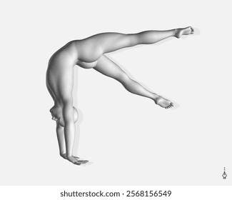 Man making one arm handstand. Gymnast. 3D model of human body. Sports symbol for fitness studio, dance class, yoga or aerobics classes. Vector illustration. 