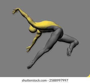 Man making one arm handstand. Gymnast. Sports symbol for dance class. Stipple style human model with the effect of colour division of the body into two parts black and gold. 3D vector for design.