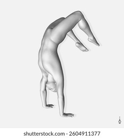 Man making one arm handstand. Gymnast. 3D model of human body. Sports symbol for fitness studio, dance class, yoga or aerobics classes. Vector illustration. 