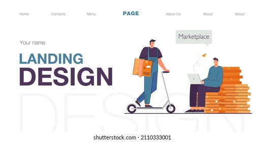 Man making online order on marketplace flat vector illustration. Courier delivering order on scooter during lockdown. Express delivery, service concept for banner, website design or landing web page