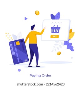 Man making online order and paying with credit card. Concept of electronic payment on website, buying goods on internet store or shop, e-commerce. Modern flat vector illustration for banner, poster.