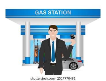 Hombre que hace el pago con tarjeta de crédito para repostar el coche en la gasolinera. Ilustración vectorial.