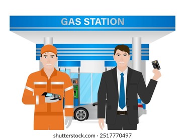 Man Making Payment by Credit Card  for Refueling Car at Gas Station. Vector Illustration.