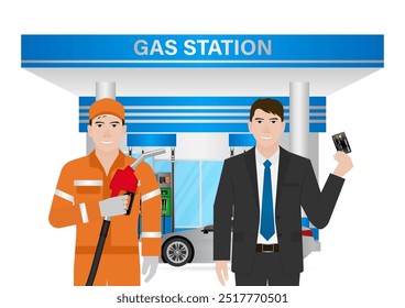 Man Making Payment by Credit Card  for Refueling Car at Gas Station. Vector Illustration.