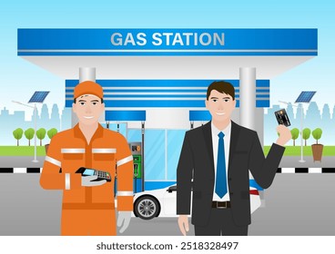 Man Making Payment by Credit Card  for Refueling Car at Gas Station. Vector Illustration.