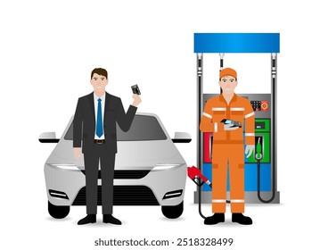 Man Making Payment by Credit Card  for Refueling Car at Gas Station. Vector Illustration.