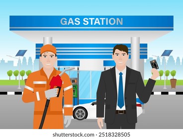 Man Making Payment by Credit Card  for Refueling Car at Gas Station. Vector Illustration.