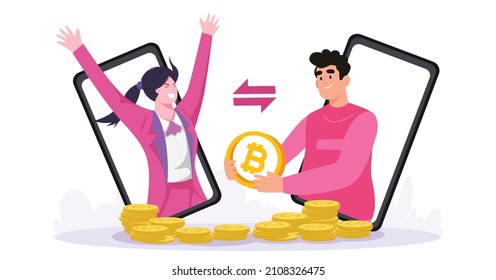 Ein Mann, der Zahlungen leistet, indem er Bitcoin-Münzen an eine Geschäftsfrau überträgt.