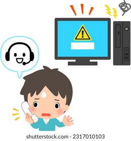 Hombre haciendo llamadas telefónicas con computadora rota