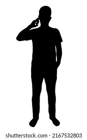 Man making phone call vector silhouette, person with cellphone, isolated on white background, fill with black color, shadow idea, communication concept