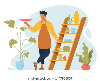 Man making pots, crockery and other ceramics at pottery workshop. Pottery studio, pottery hobby. Handcrafted earthenware. Ceramics. Colorful vector illustration in flat cartoon style.