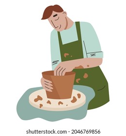 Man making pottery. Handcraft pottery workshop. Flat vector illustration.