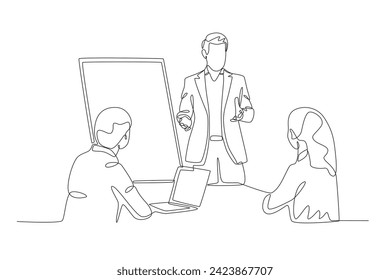 A man is making a presentation. Business presentasi one-line drawing