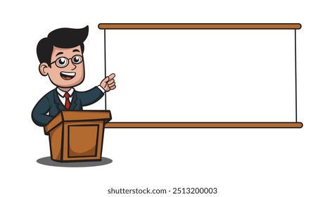 Homem fazendo a apresentação na frente de quadro branco vazio, ilustração vetor plana isolado no fundo branco.