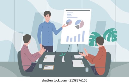 A Man Is Making A Presentation. Get Applause For Good Explanation. Discuss Business Strategy. Concept Of Business People Doing Successful Presentation In Meeting Room. Vector Illustration