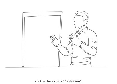 A man is making a presentation in the office. Business presentasi one-line drawing