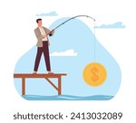 Man making profit. Businessman using fishing rod to catch gold coin. Money success. Financial income. Cash at hook. Fisherman at piers. Economy revenue. Successful startup. Vector concept