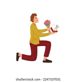 Mann, der Vorschläge macht, einzelne männliche Persönlichkeit mit Blumenstrauß und Ring steht auf Knie und Poppfrage. Engagement, Vektorgrafik im Stil von flachen Cartoons