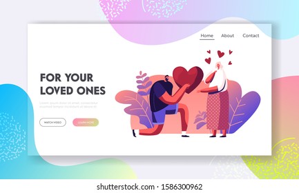 Man Making Proposal to Woman Website Landing Page. Loving Boyfriend Presenting Huge Heart to Girlfriend Standing on Knee on Happy Valentines Day Web Page Banner. Cartoon Flat Vector Illustration