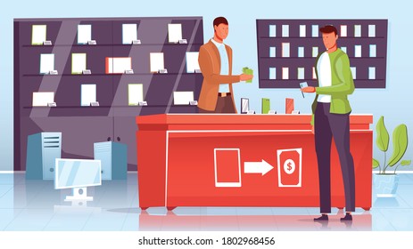 Man making purchase at gadget or pawnshop flat vector illustration