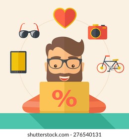 Man making a purchase using laptop with internet in online shopping with promo discount. A Contemporary style with pastel palette, soft beige tinted background. Vector flat design illustration. Square