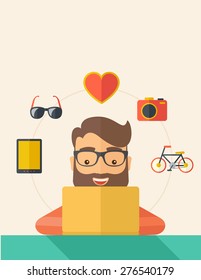 Man making a purchase using laptop with internet in online shopping with promo discount. A Contemporary style with pastel palette, soft beige tinted background. Vector flat design illustration
