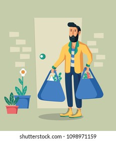 
Man making purchases, flat character design, vector illustration.