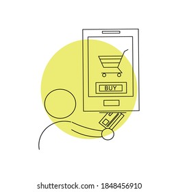 Man making purchases through smartphone. Guy buying goods, services, ordering things, booking using devices. Online shopping, banking, e-commerce, card payment concept in clean modern black lines